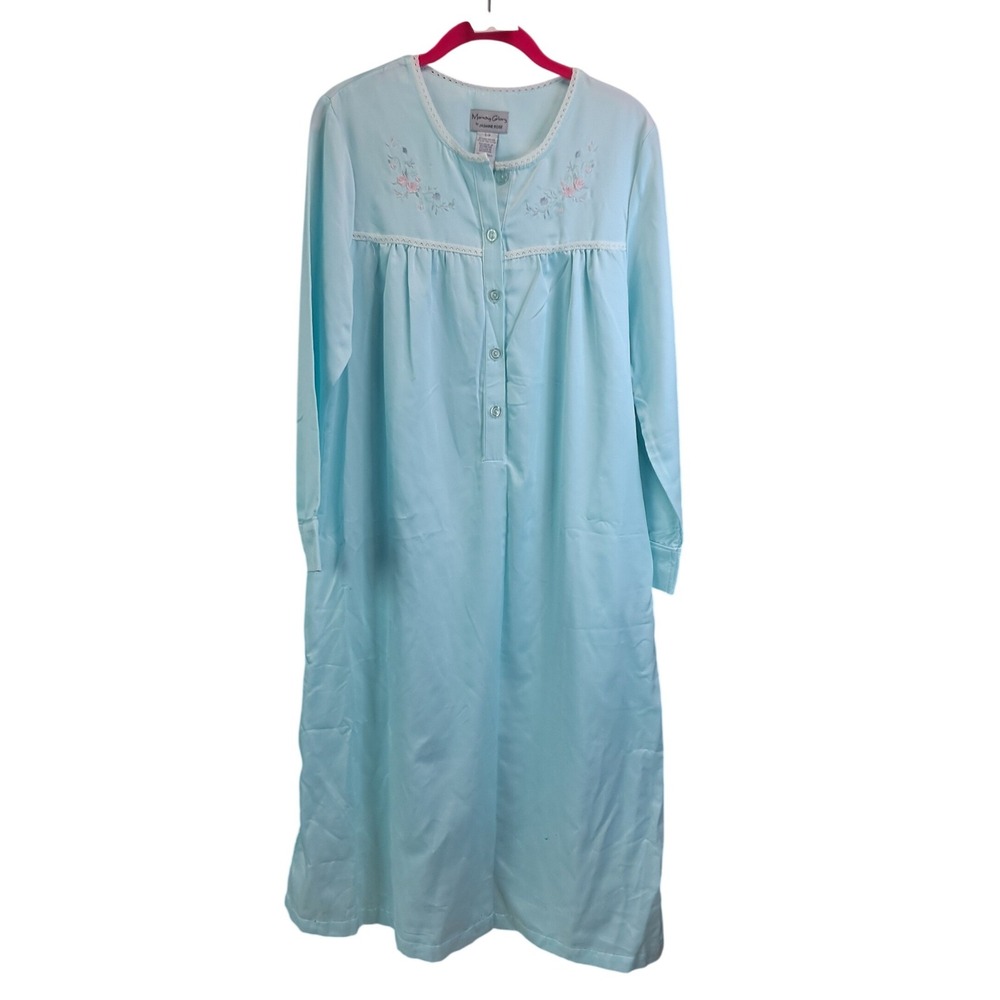 Morning Glory Jasmine Rose Aqua Blue Floral Embroidered Nightgown Small